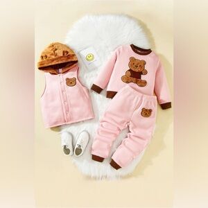 Girls Bear Graphic Sweatshirt, Hooded Vest, and Joggers Set